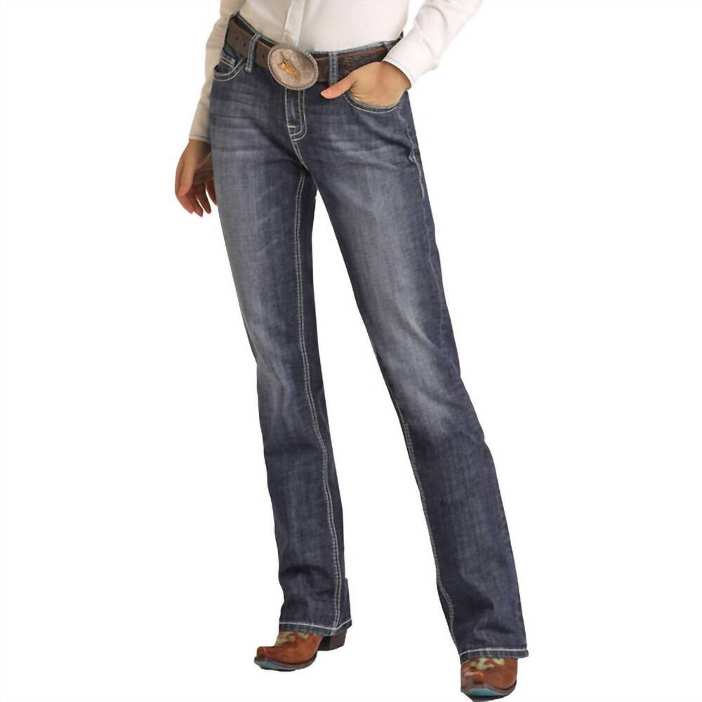 NEW ROCK & ROLL DENIM women's raised denim embroidery riding jean in medium wash